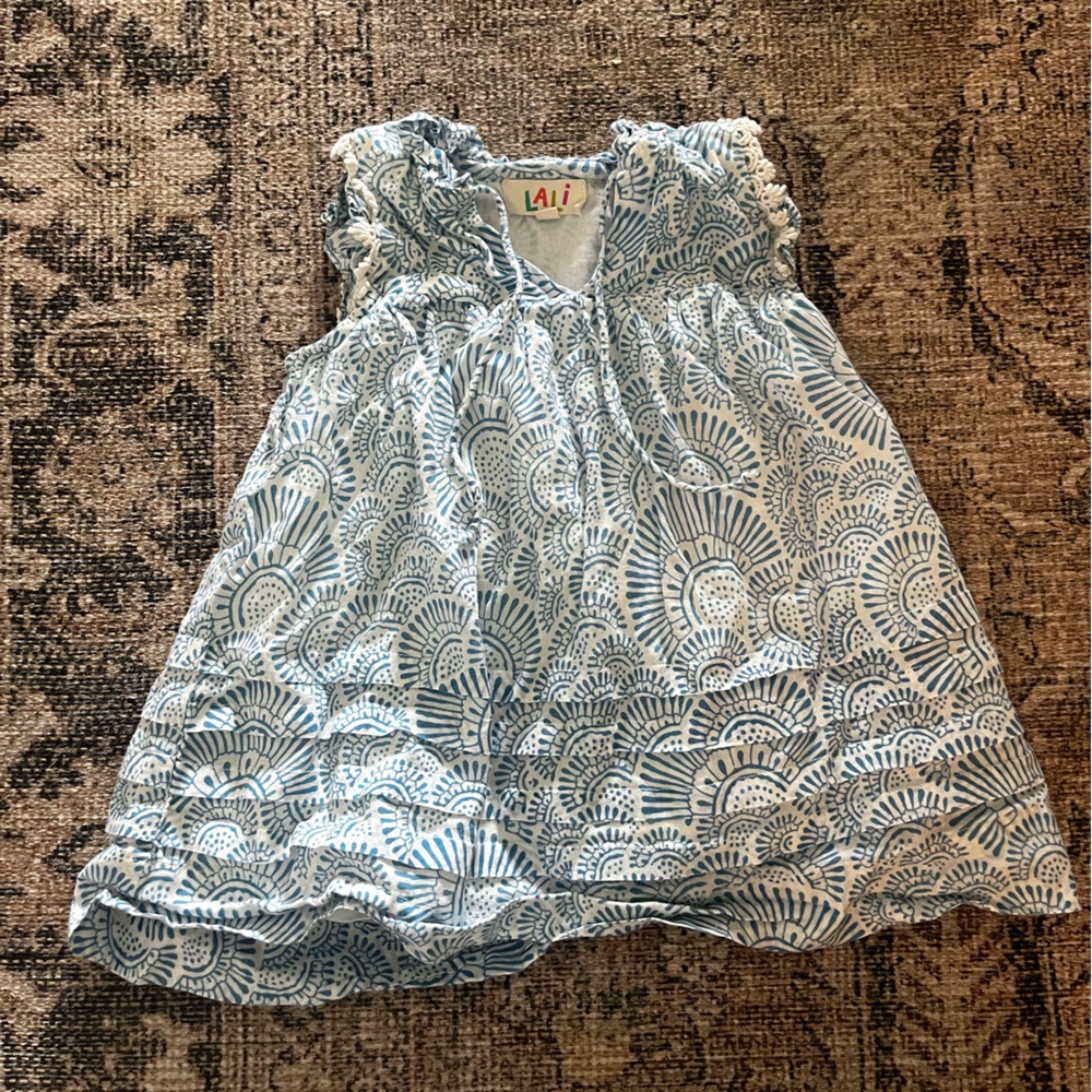 Lali toddler girl Blue and White patterned Dress cotton 2T